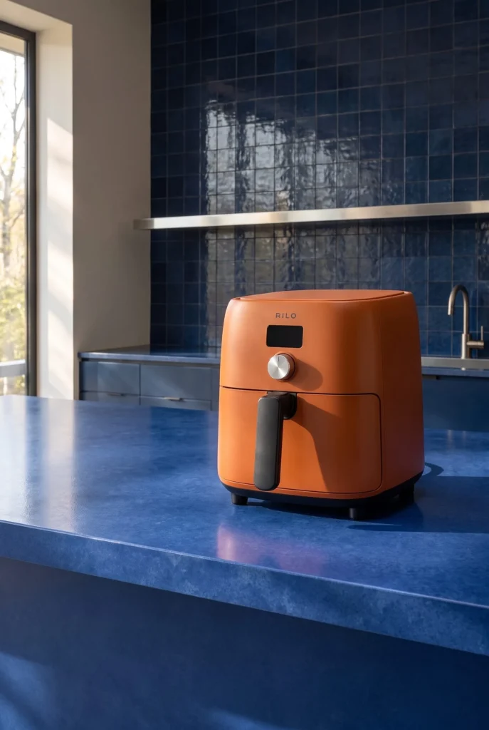 Orange air fryer on a cobalt kitchen counter in a complete portrait scene, generated with Fotogenic AI