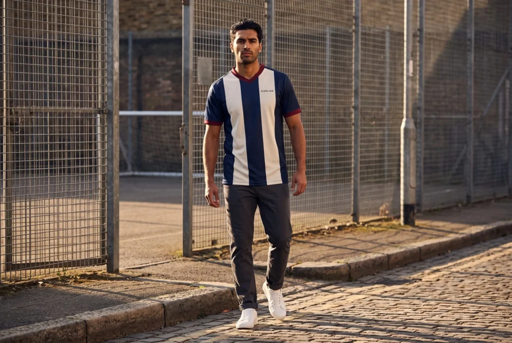 Man wearing a navy and cream striped jersey beside a fenced sports court.