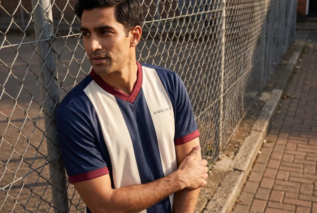 Vista de cerca de la camiseta a rayas, el cuello color burdeos y el logotipo en el pecho junto a la valla de una cancha.