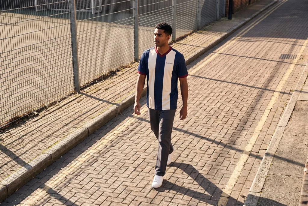 Man wearing the navy and ivory jersey on a brick street beside a sports court.