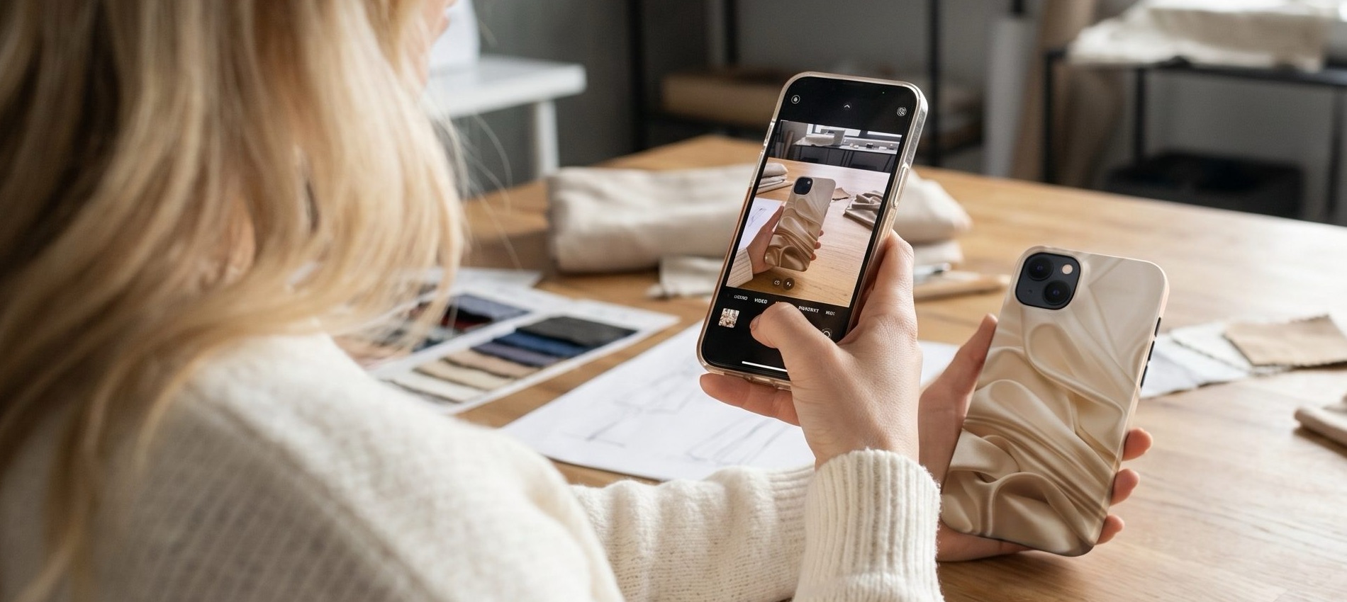 Taking a product photo of a cream sculptural phone case