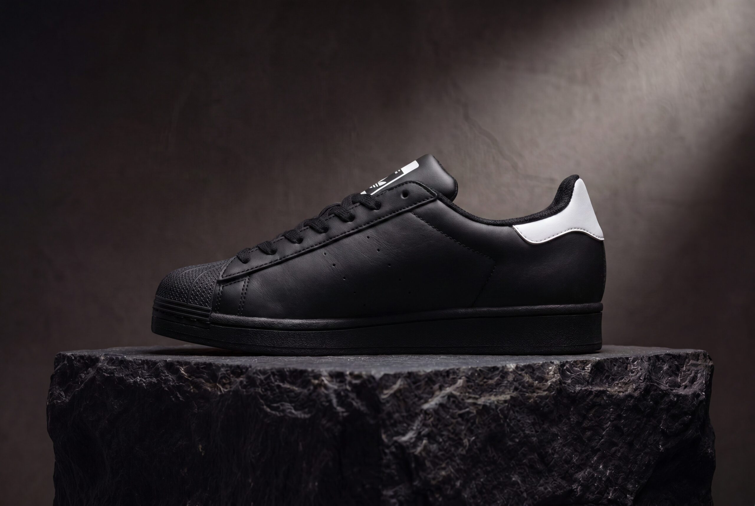 Generic black sneaker dark stone ecommerce product photo