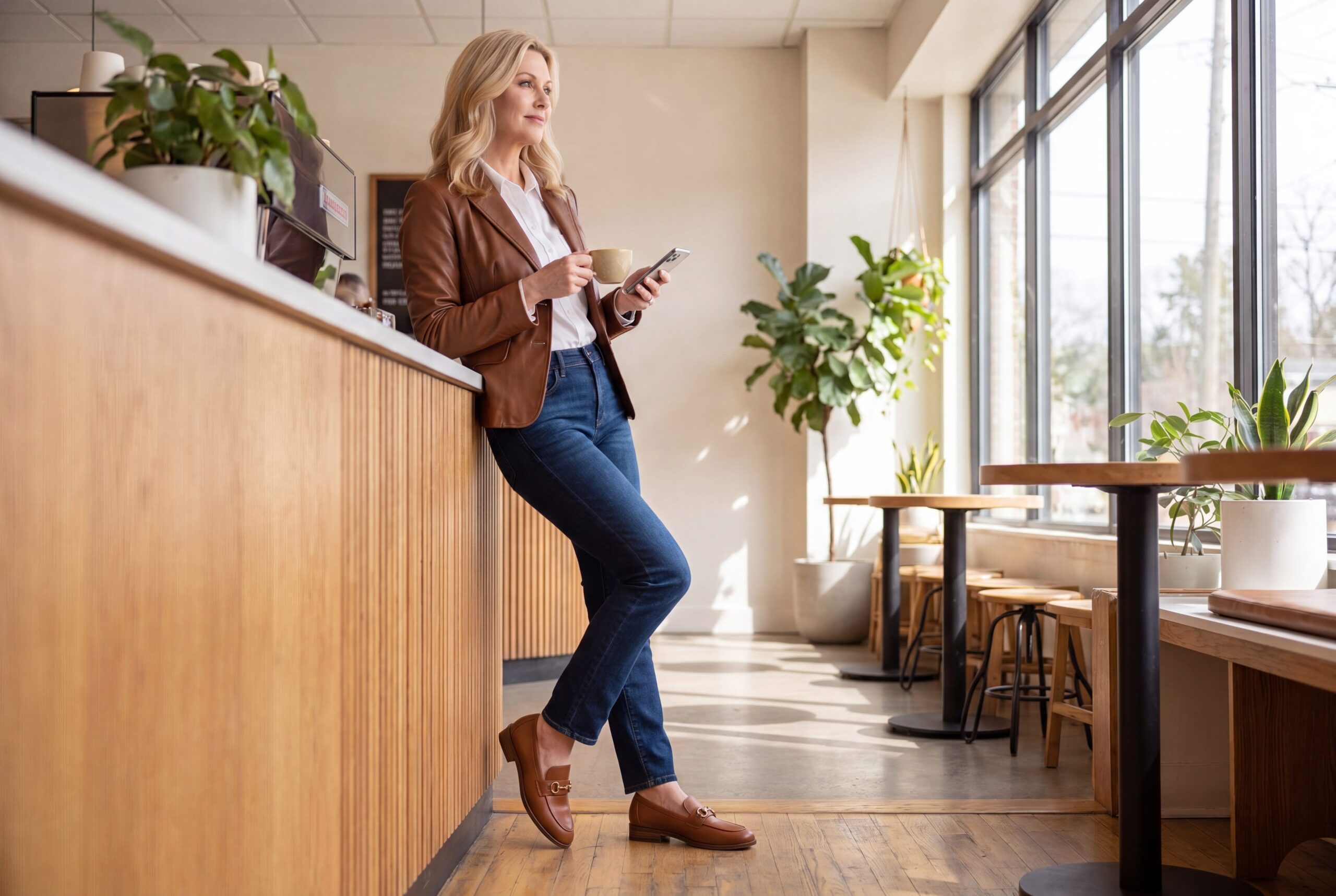 Footwear Product Photography Lifestyle example 01 Woman wearing brown loafers in a sunlit cafe lifestyle scene.