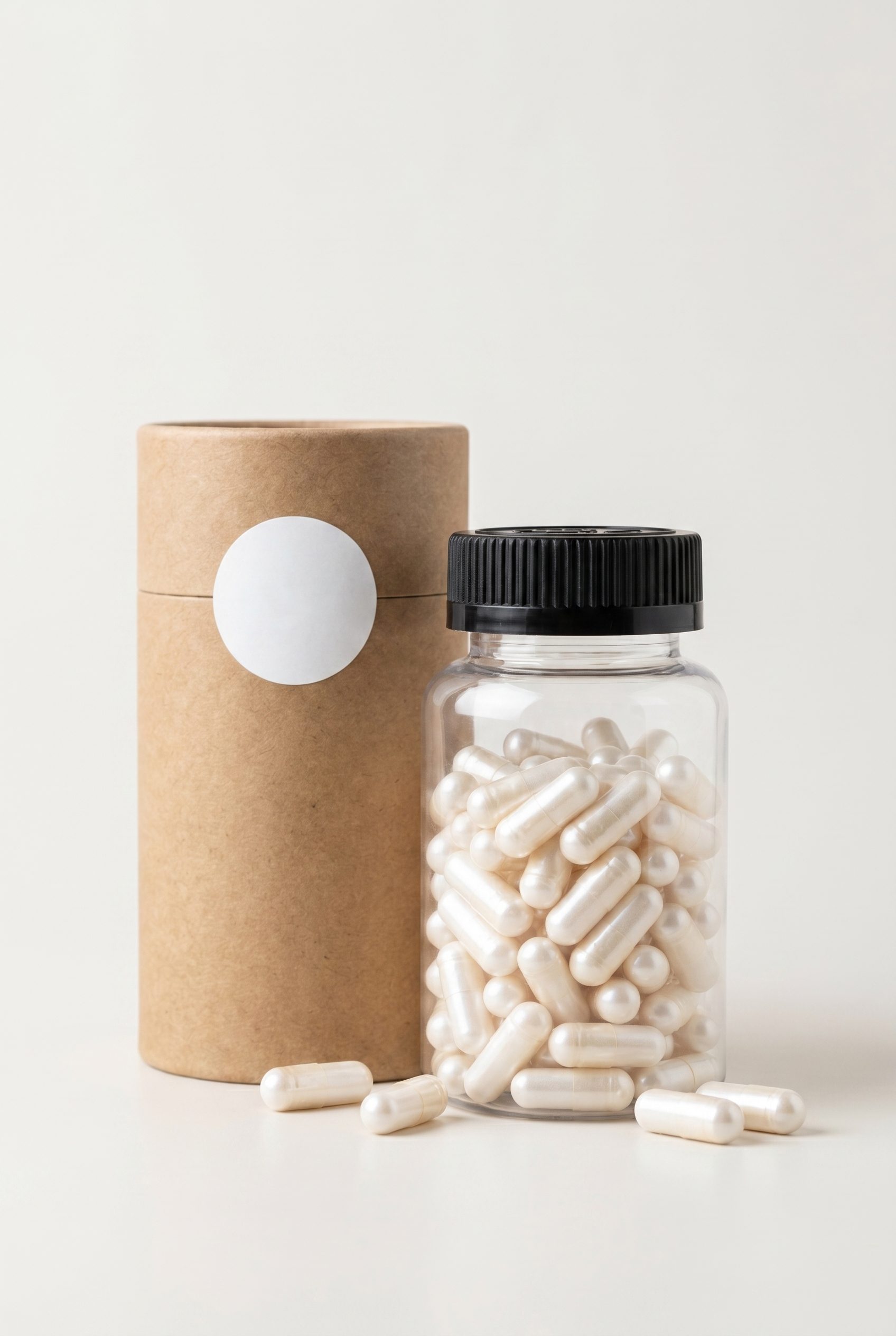 Vertical supplement hero image with clear capsule bottle and kraft tube packaging on a bright neutral surface.