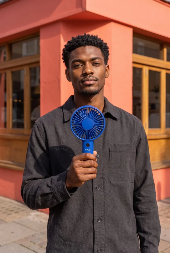 Model presenting a cobalt handheld fan toward the camera outside a coral cafe, generated with Fotogenic AI