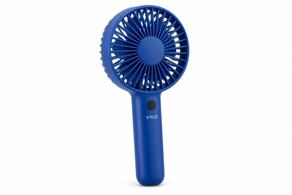 Cobalt handheld fan reference with a circular grille, dark button and white VYLO wordmark