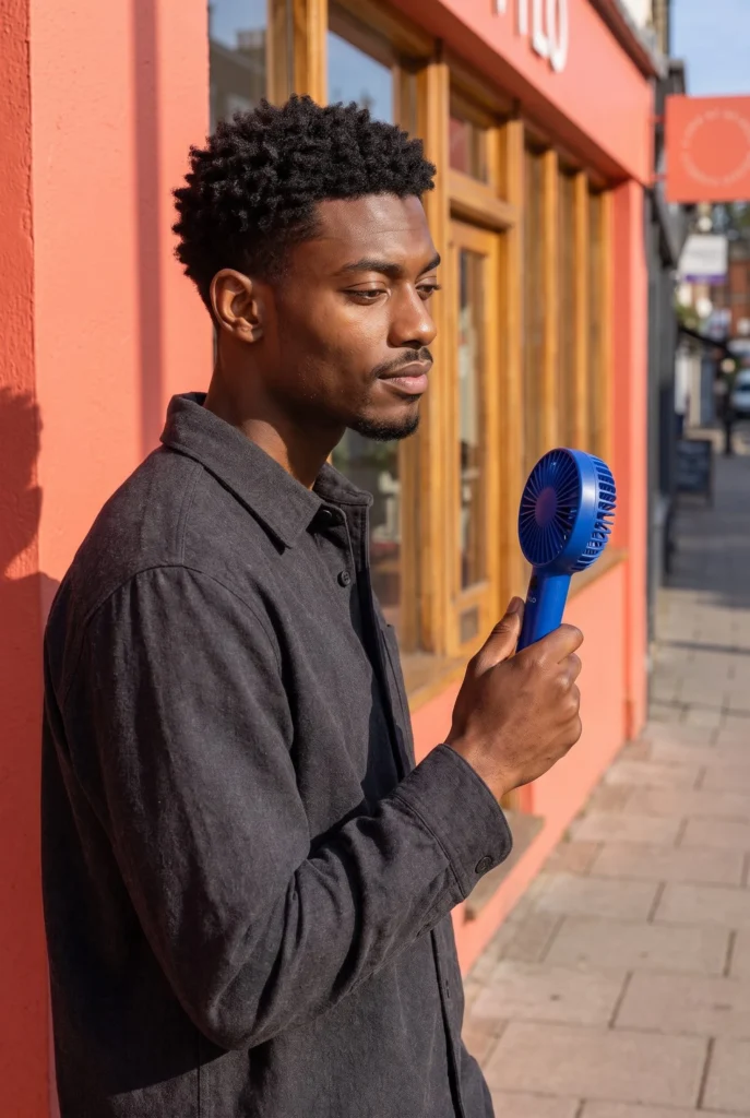 Model holding a cobalt fan near his cheek outside a coral cafe, generated with Fotogenic AI