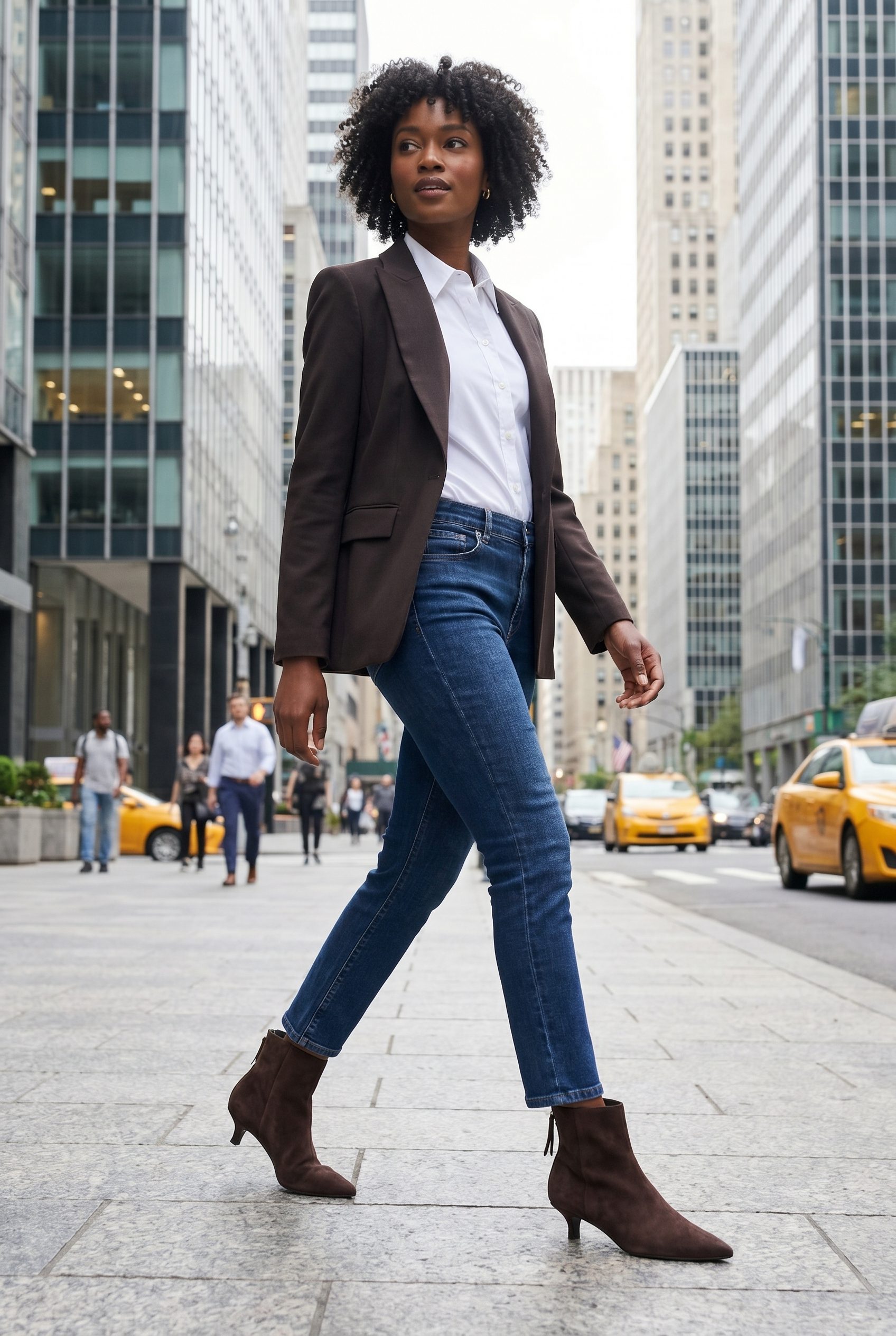 Brown ankle boots photographed on model in a city setting for footwear lifestyle product photography.