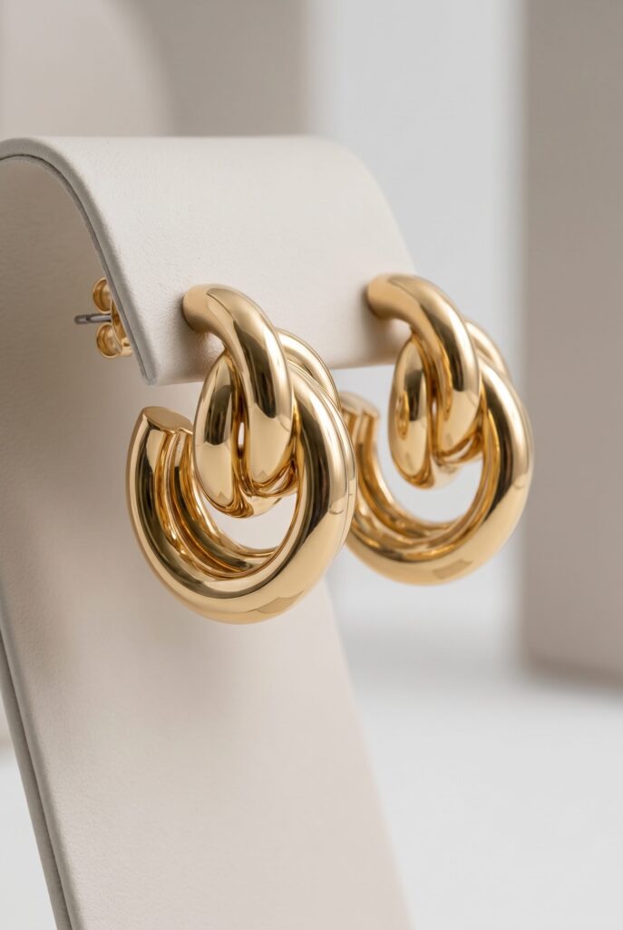 White-background gold earrings product image for jewelry shopping-feed guidance.