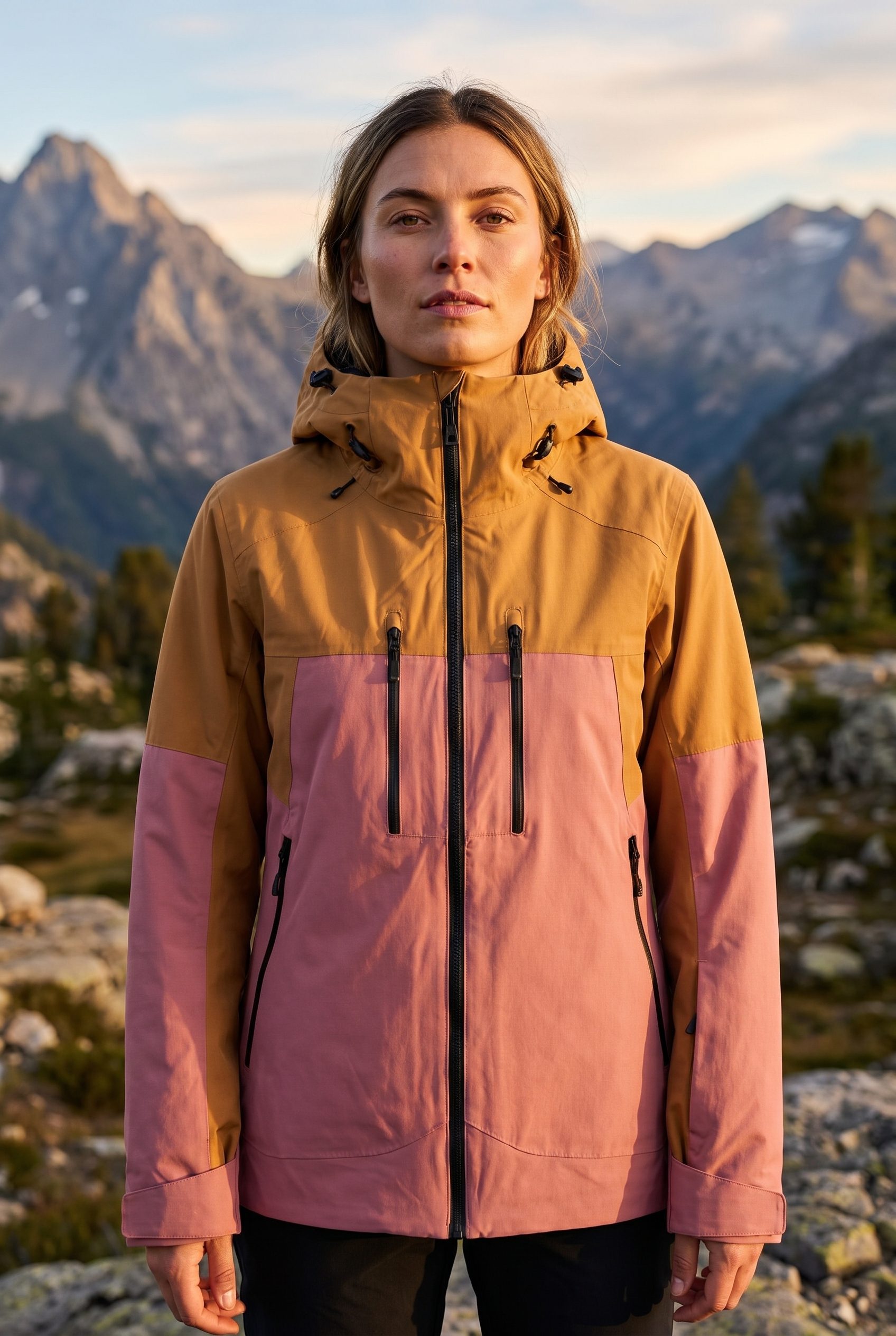 Woman wearing a tan and pink outdoor jacket in a mountain setting.