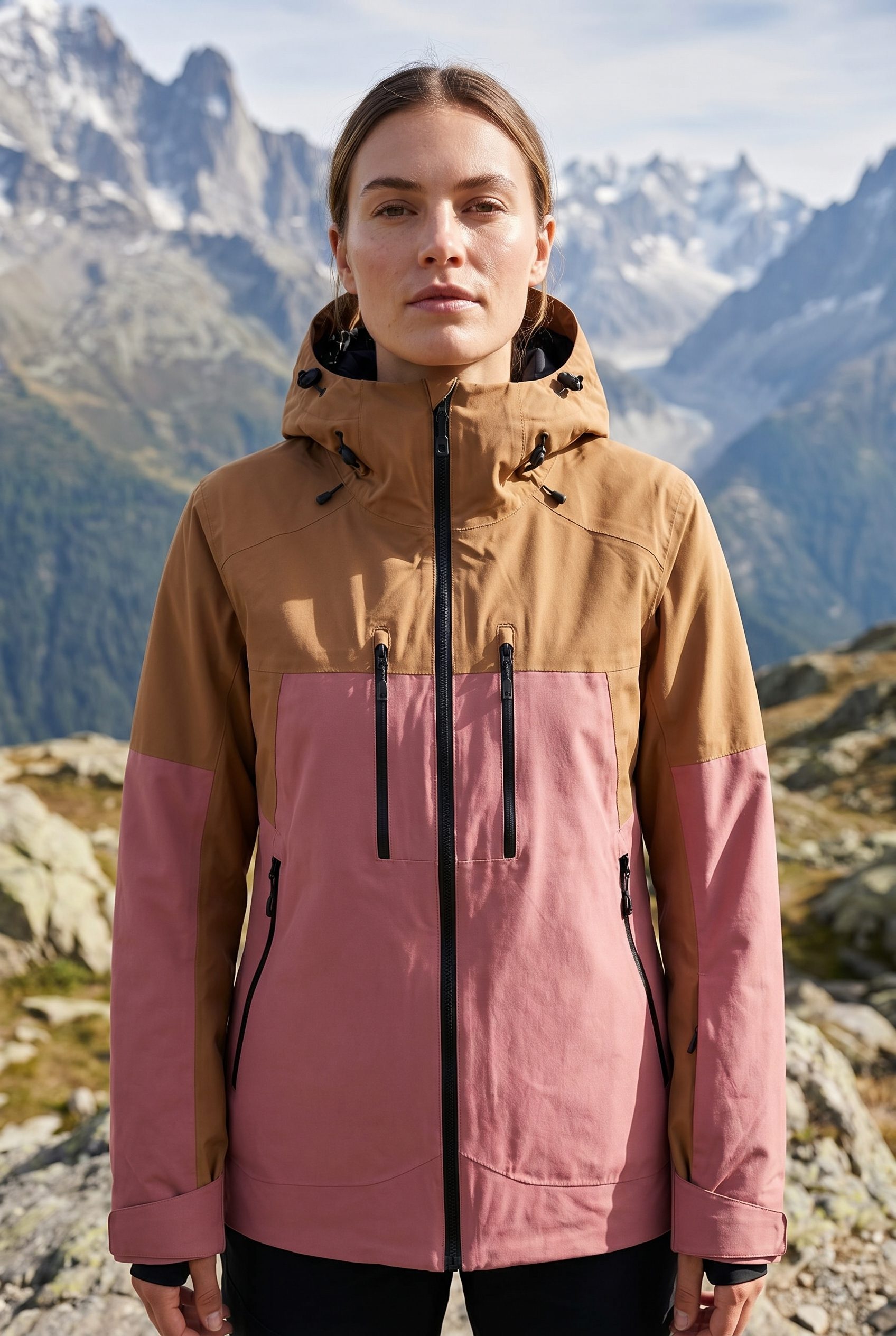 Generated tan and pink outdoor jacket marketplace output from Fotogenic AI.