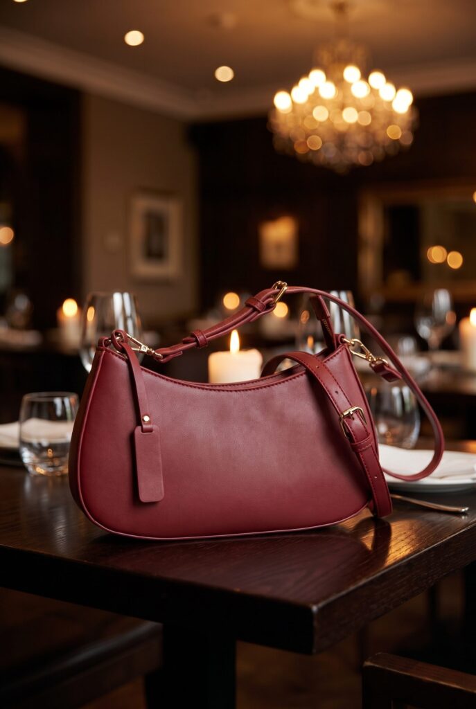 BrandDNA locked burgundy bag campaign output generated by Fotogenic AI