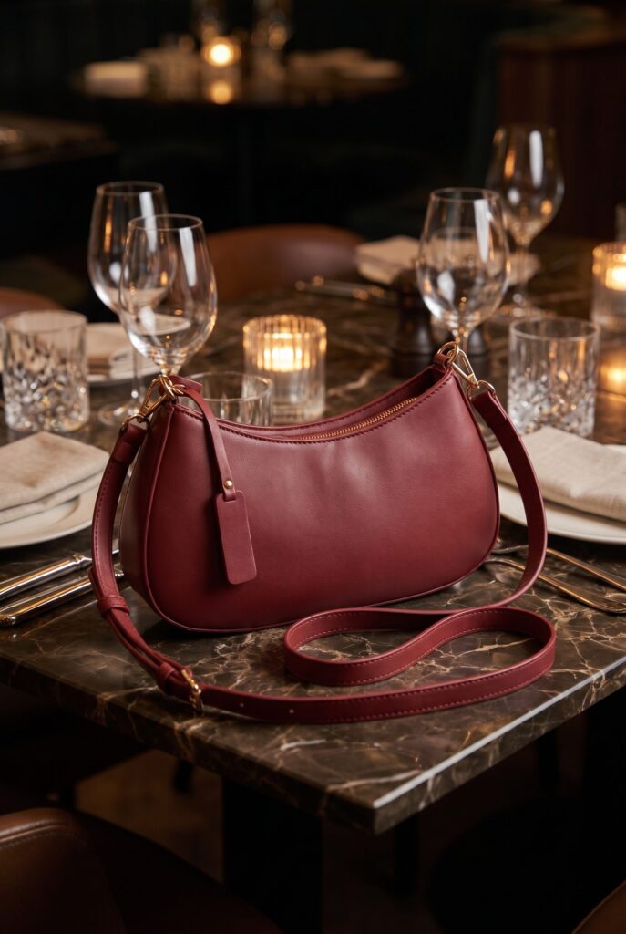 Red handbag campaign scene for a related product photos for ads card.