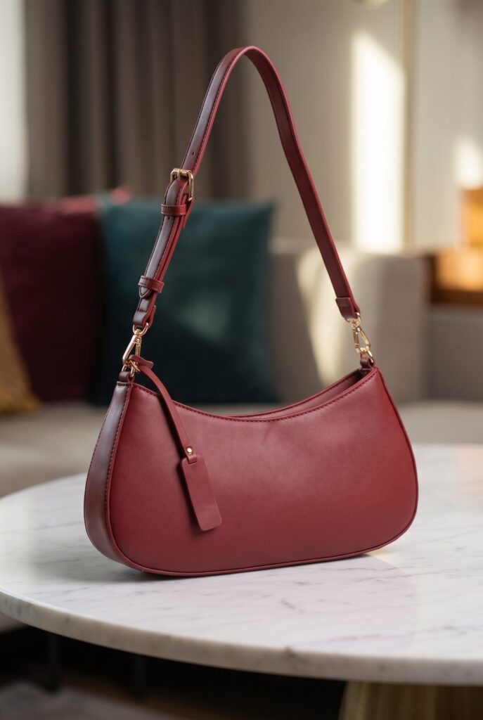 BrandDNA locked burgundy bag studio output generated by Fotogenic AI