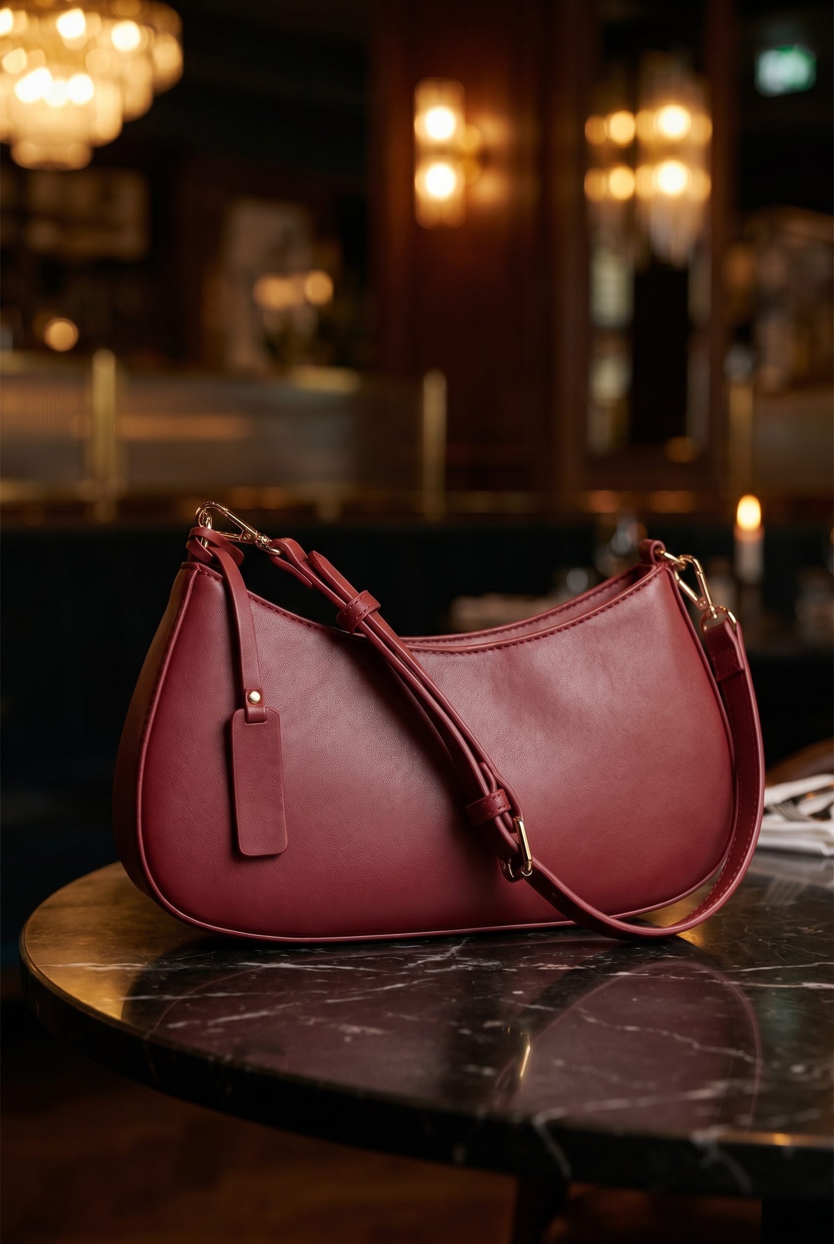 Red handbag staged in a restaurant lifestyle scene for curated bag product imagery.
