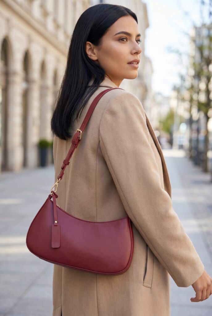 BrandDNA locked burgundy bag on-model output generated by Fotogenic AI