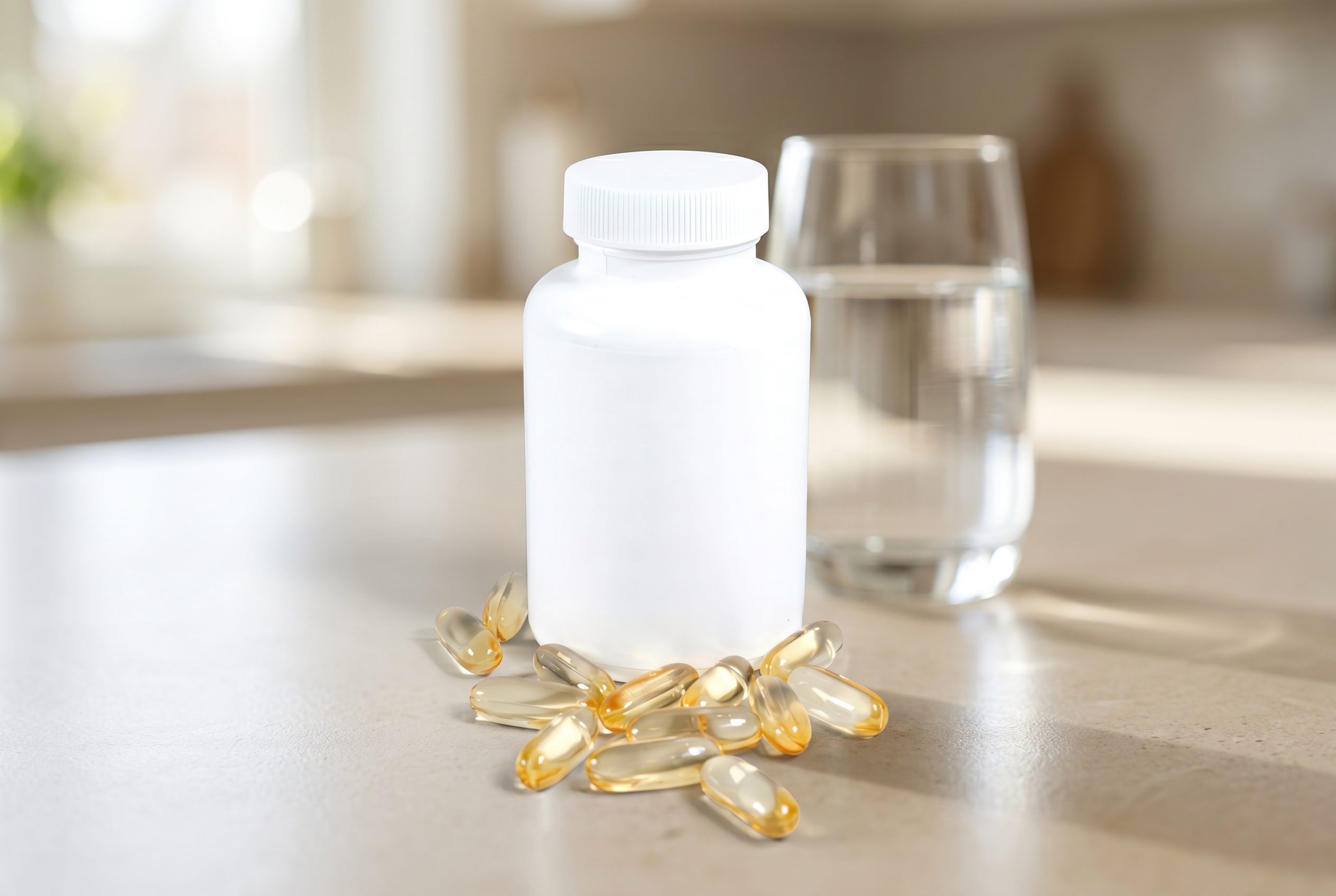 White supplement bottle with softgels and a water glass in a clean lifestyle setup.