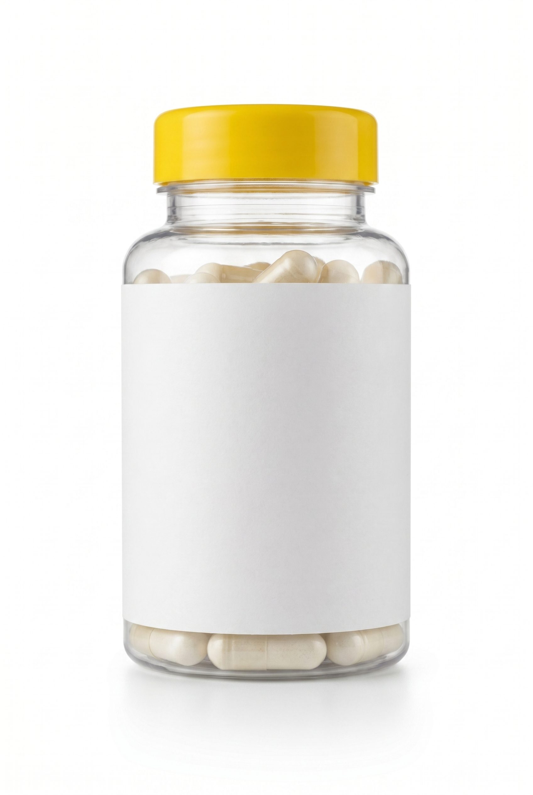 Clear supplement capsule bottle with a blank label on a clean white studio background.