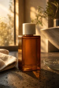 Amber skincare bottle on dark stone in golden window light generated by Fotogenic AI