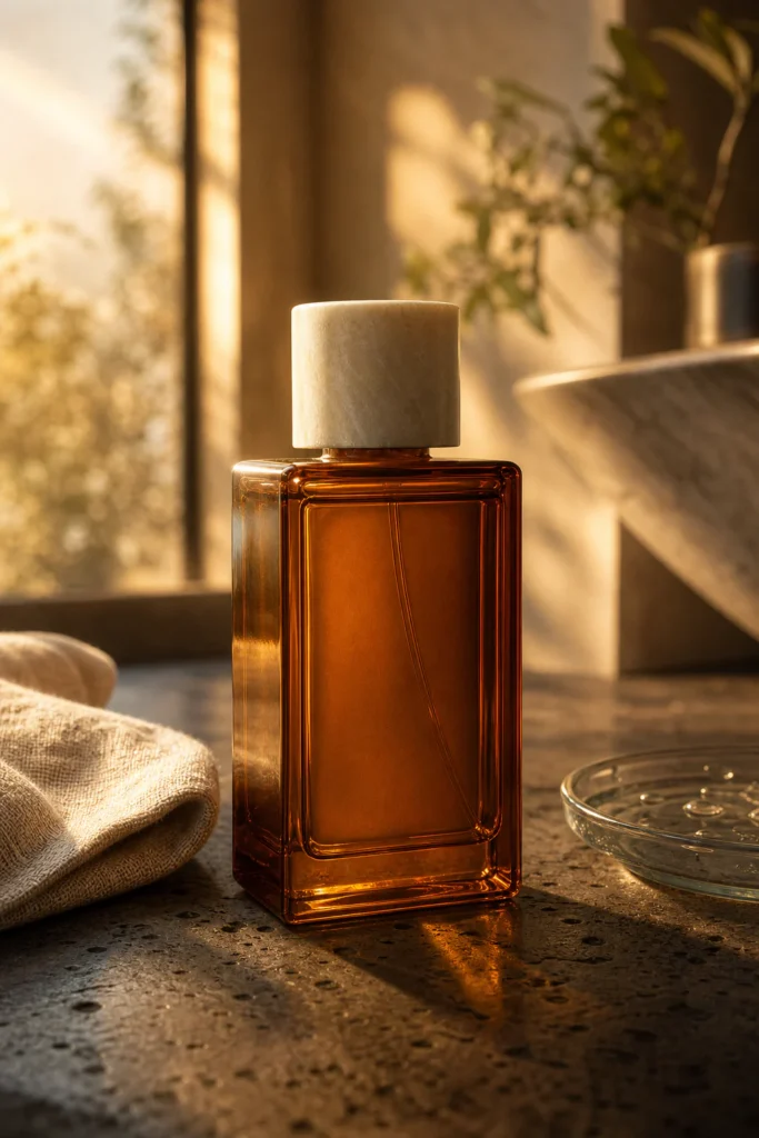 Amber skincare bottle on dark stone in golden window light generated by Fotogenic AI