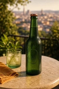Emerald botanical drink bottle on a sunlit terrace table generated by Fotogenic AI