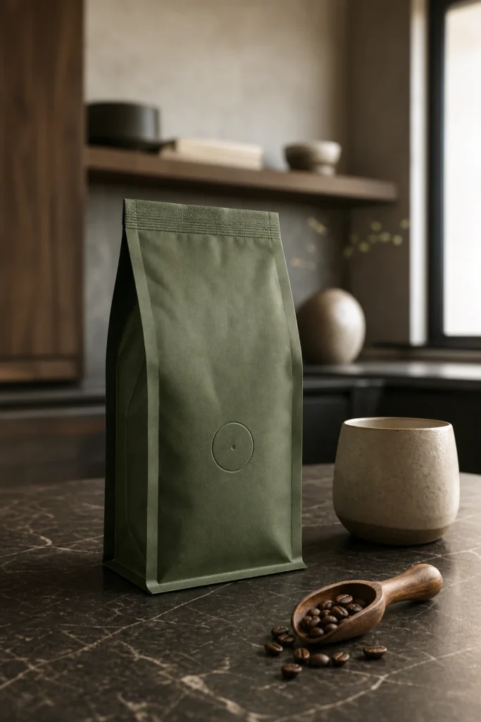 Forest green coffee pouch on a dark stone counter generated by Fotogenic AI