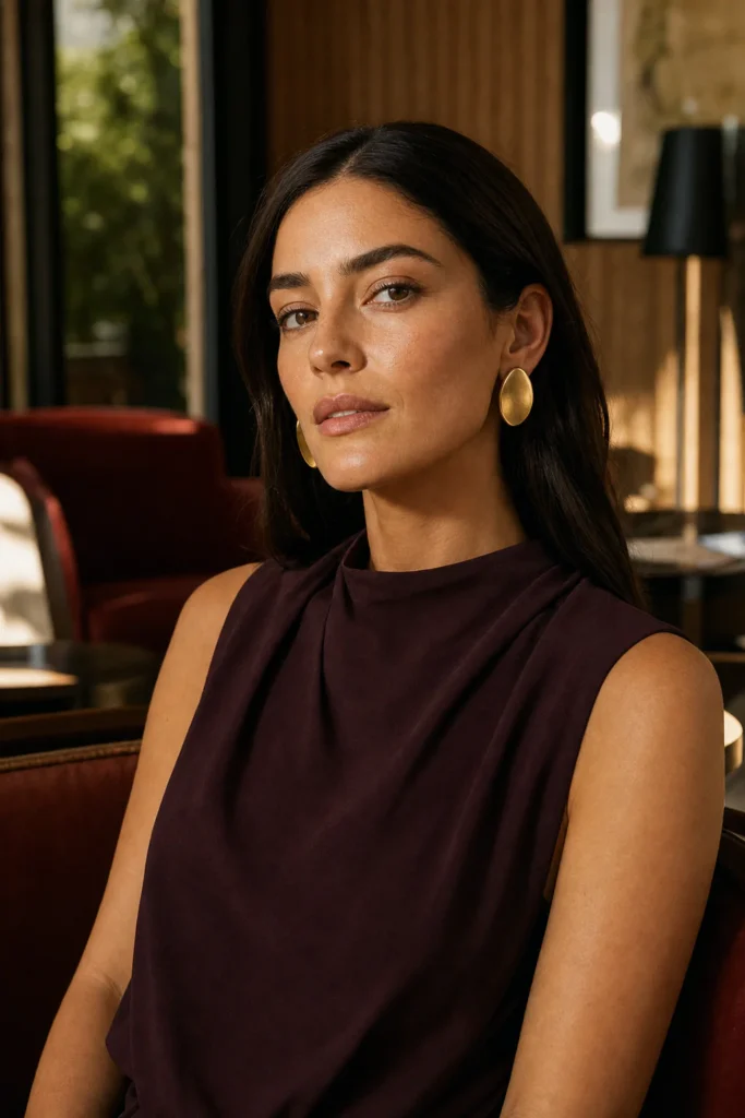 Woman wearing sculptural gold earrings in a warm hotel lounge generated by Fotogenic AI
