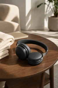 Graphite over-ear headphones on a walnut table in warm daylight generated by Fotogenic AI