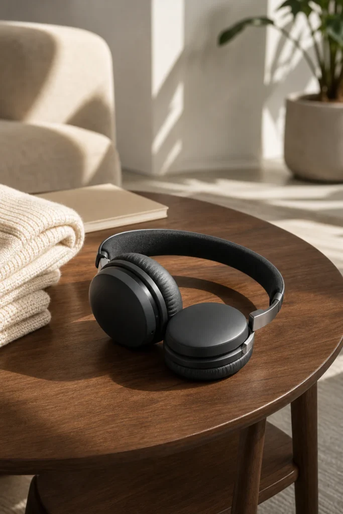 Graphite over-ear headphones on a walnut table in warm daylight generated by Fotogenic AI