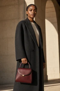 Woman carrying an oxblood leather handbag in a stone arcade generated by Fotogenic AI