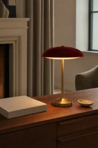 Oxblood and brass table lamp on a walnut sideboard generated by Fotogenic AI