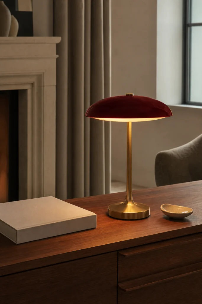 Oxblood and brass table lamp on a walnut sideboard generated by Fotogenic AI