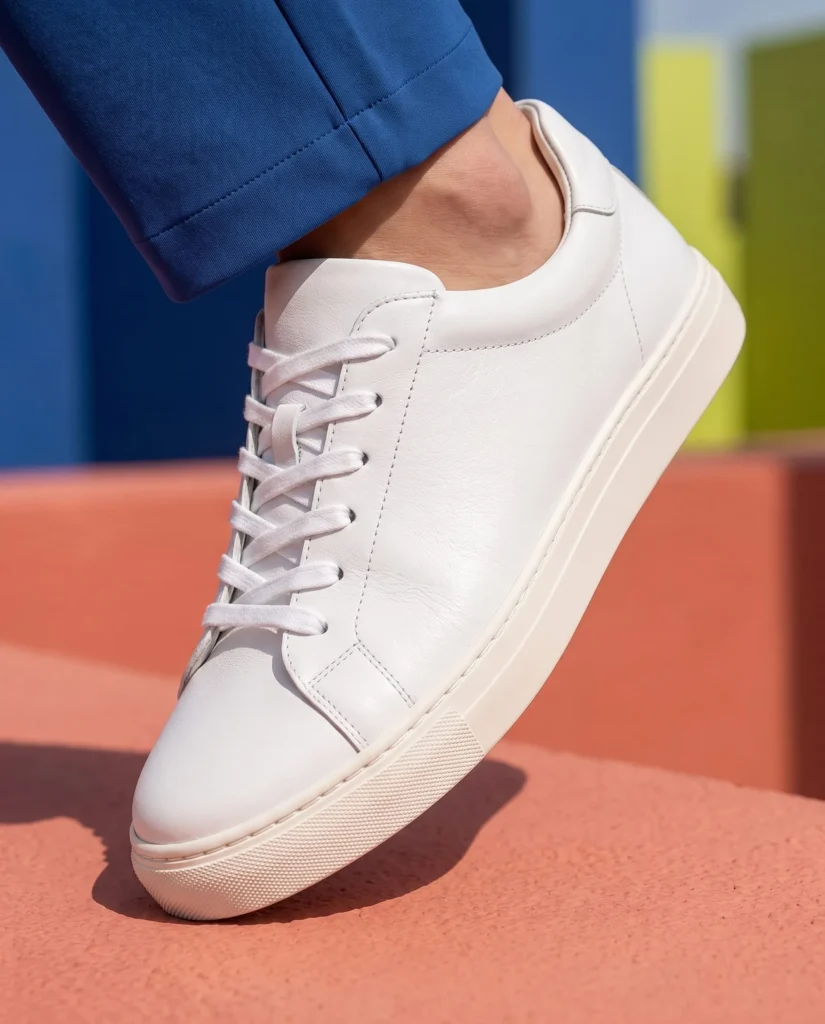 White sneaker close-up against vivid color-block steps