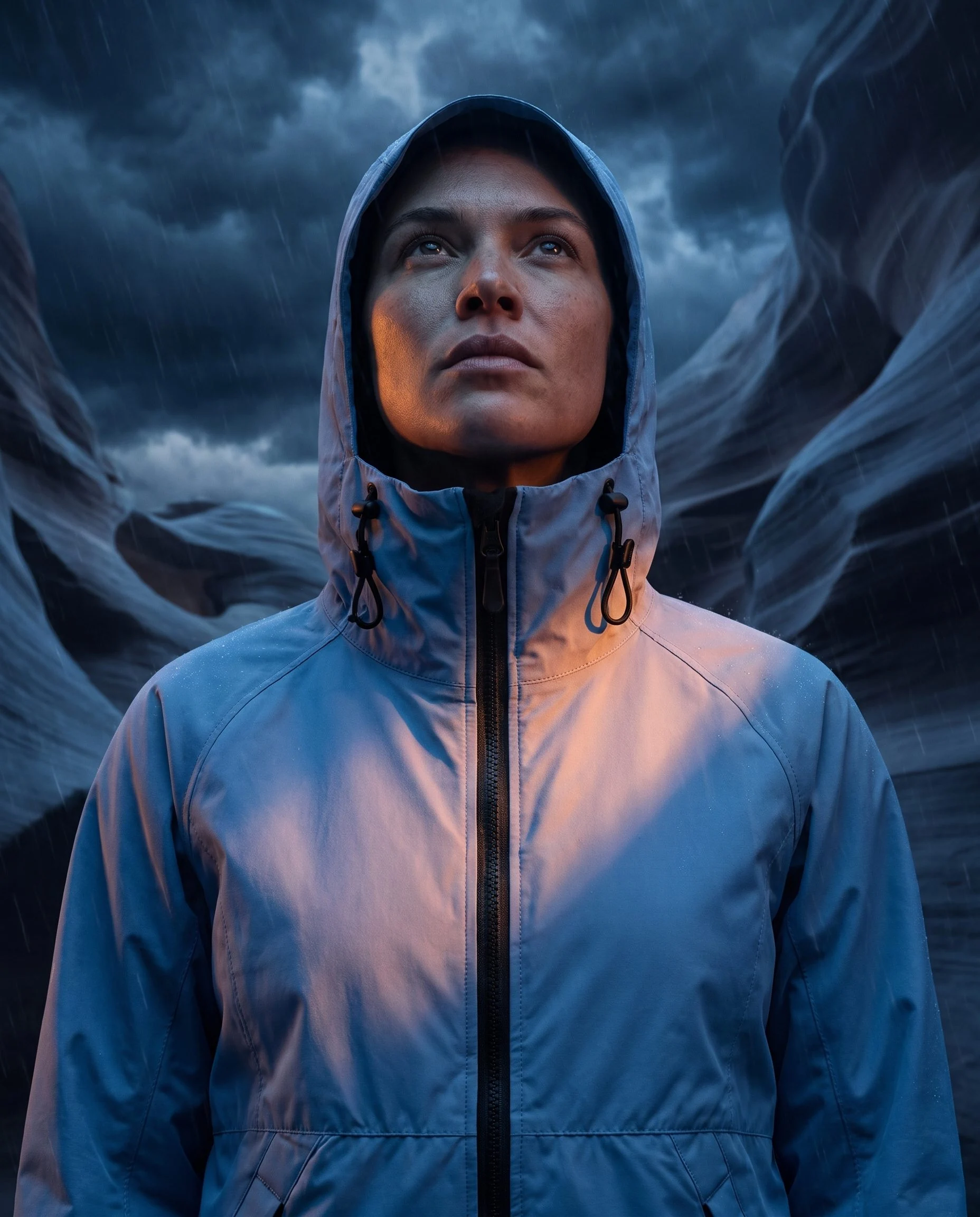 Hooded rain jacket portrait in a stormy canyon
