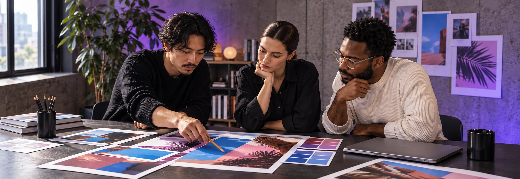 Three people reviewing printed campaign layouts at a worktable.