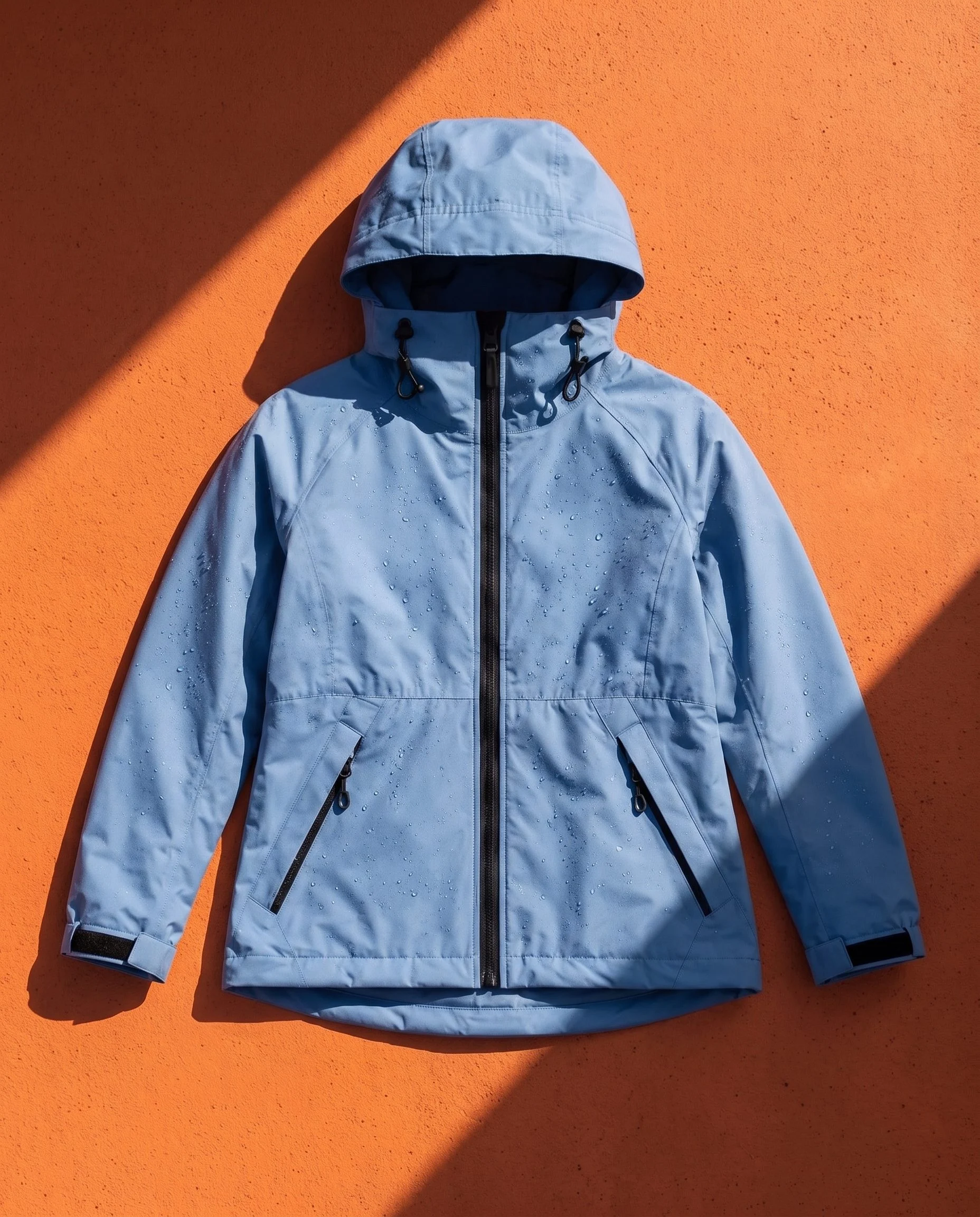 Blue technical jacket laid flat on an orange surface with diagonal shadows