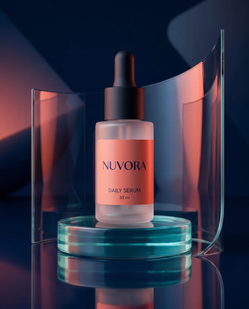 NUVORA serum on an aqua glass pedestal with coral reflections