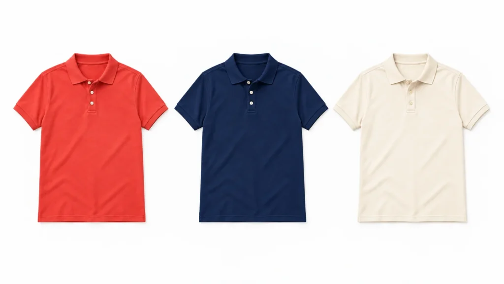 Three complete polo shirts in coral, navy and cream.