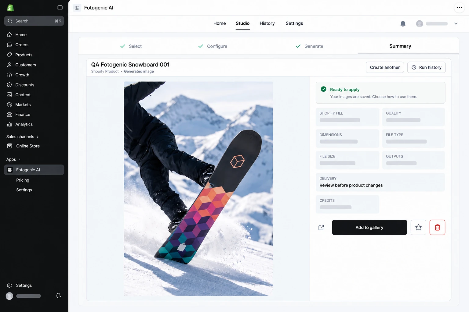 Illustration of the Fotogenic Shopify app summary, showing a snowboard result, output details and review actions inside the Shopify admin.