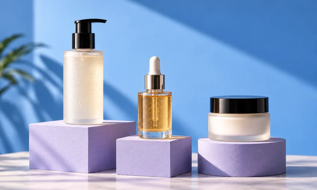 Illustrative pump bottle, serum and cream jar on lavender plinths