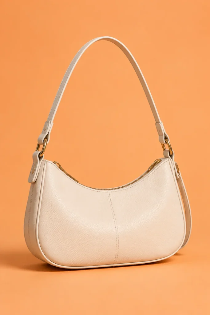 Illustrative cream handbag with a complete strap on an apricot background
