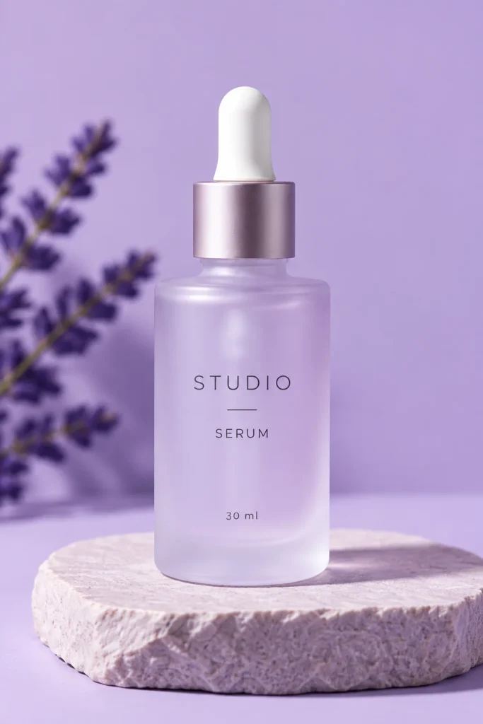 Illustrative lavender serum bottle on a pale stone plinth