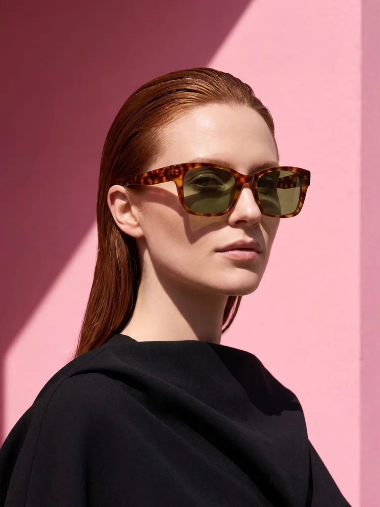 Adult woman wearing tortoiseshell sunglasses against a pink wall