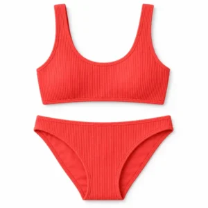 Coral ribbed bikini top and bottoms on white
