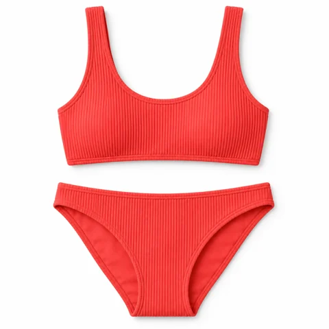 Coral ribbed bikini top and bottoms on white