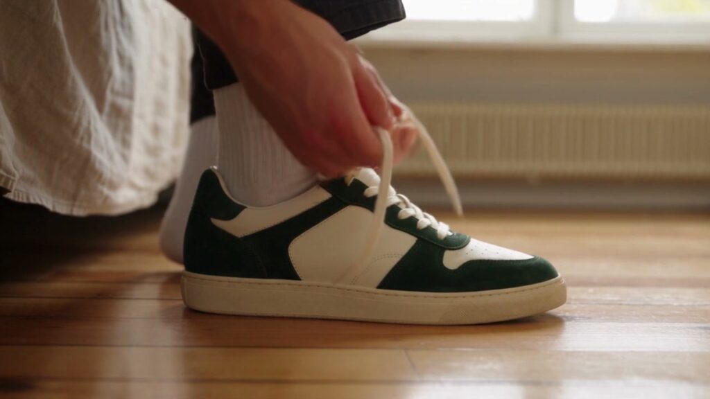 Close view of hands tying a cream and green sneaker on a wooden floor.