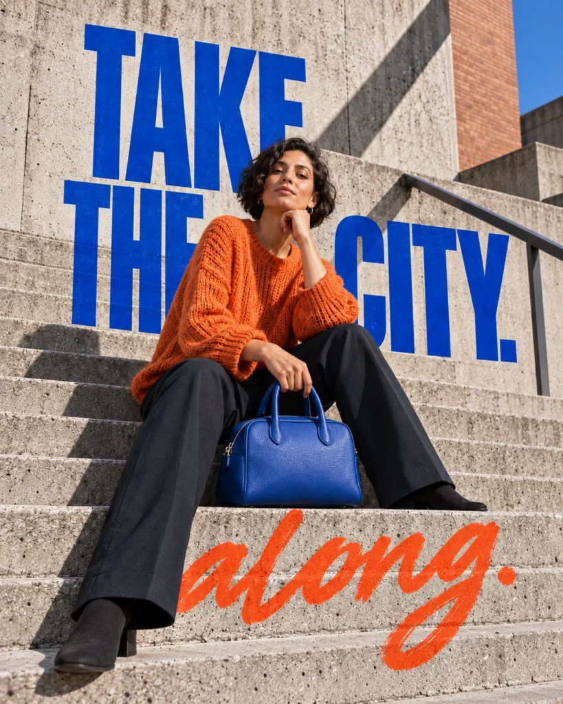 A woman in an orange sweater seated on concrete steps holding a cobalt blue bag, overlapping blue Take the City lettering and orange along lettering.