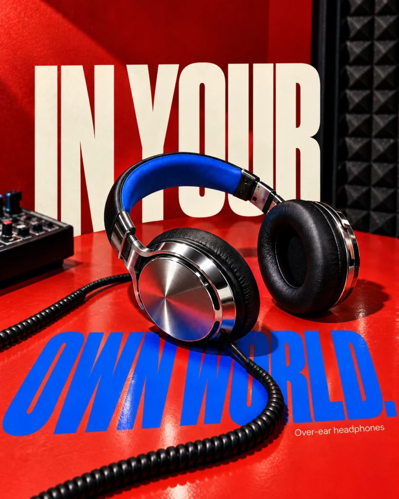 Chrome and cobalt over-ear headphones on a red recording desk, overlapping the cream and cobalt headline In Your Own World.