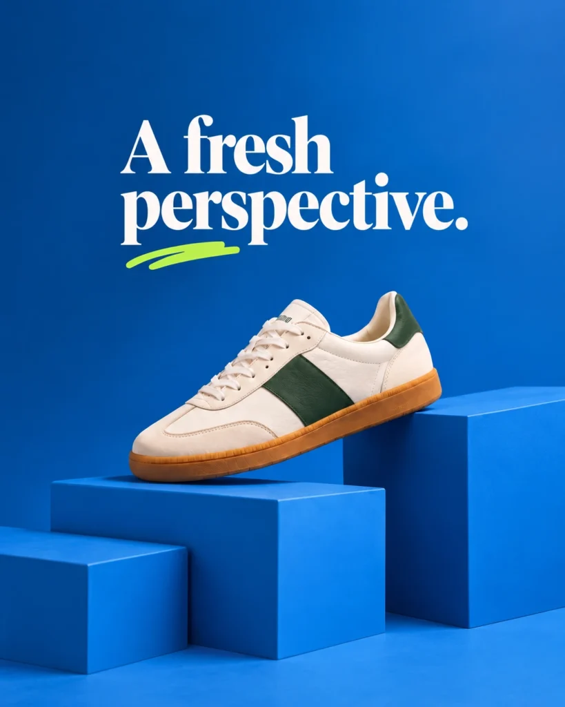 A cream and green sneaker with a gum sole on cobalt blue blocks, beneath cream A Fresh Perspective lettering and a lime accent.