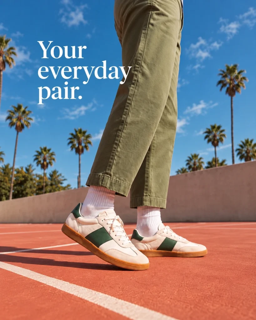 A person in olive trousers wearing cream and green sneakers on a red outdoor court beneath a blue sky, with Your Everyday Pair lettering.